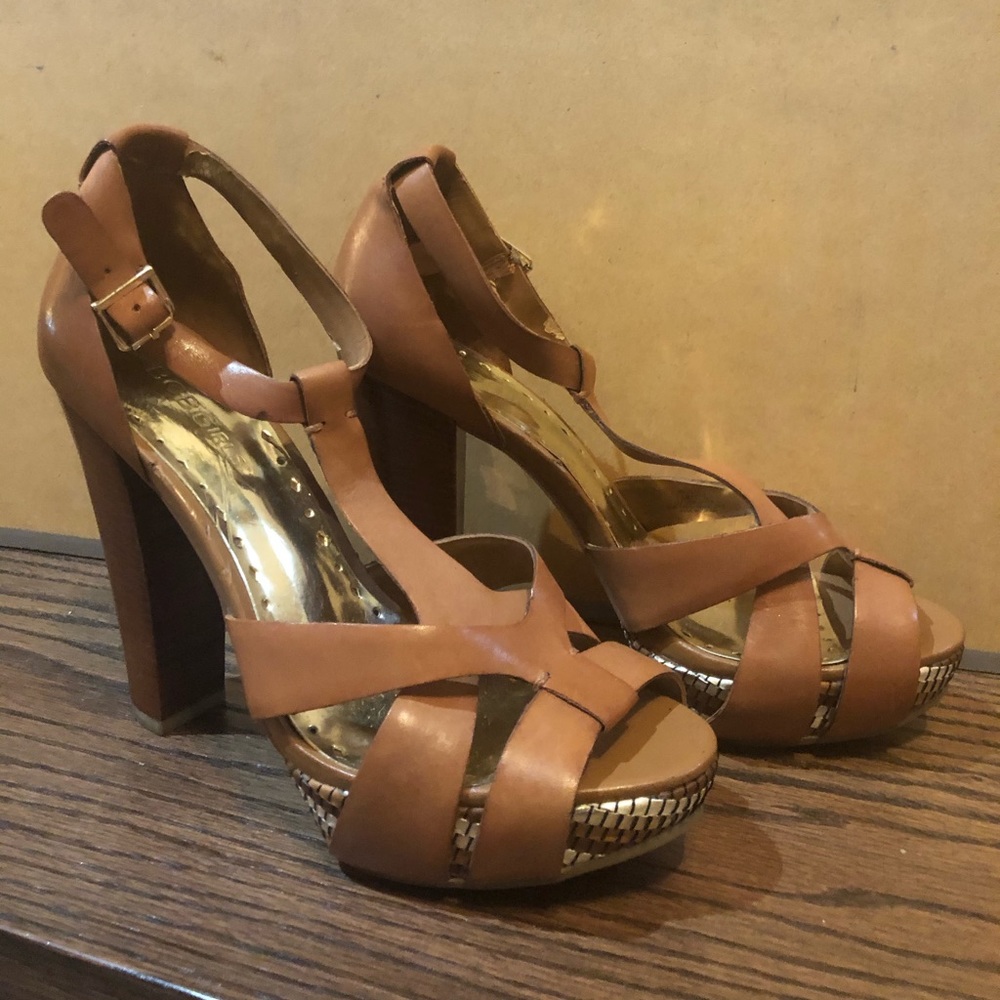 BCBGirls camel/multi leather t strap platform heel
